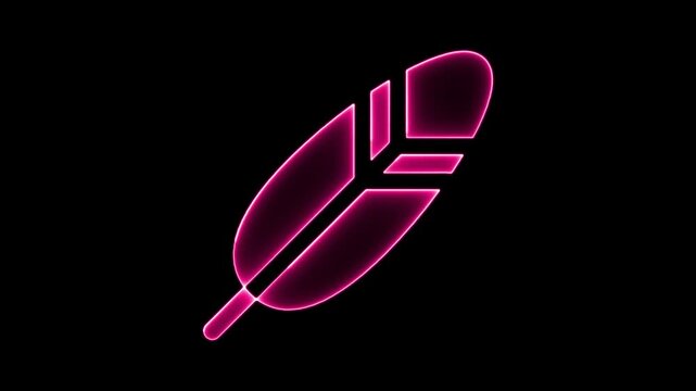 Glowing pink feather icon. Neon light sign of a quill on black background.
