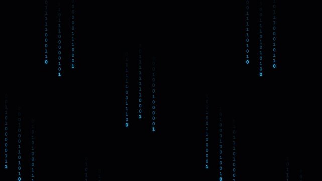 Digital binary code raining down in glowing blue on a dark black background