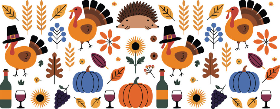 Autumn Thanksgiving pattern vector collection with turkey bird hedgehog pumpkin sunflower wine and fall leaves elements isolated on white background