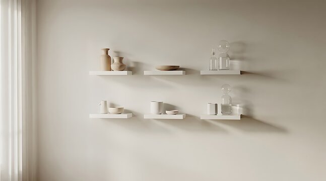Minimalist white shelves with decorative objects on a light gray wall with soft natural light.