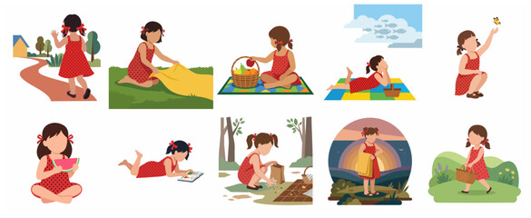 Fototapeta premium Vector set of a young girl in a red polka dot dress enjoying various outdoor summer and picnic activities