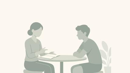Obraz premium Symbolic representation of a supportive dialogue between two people sharing a conversation over a table with a notebook, minimal flat vector illustration in sage green