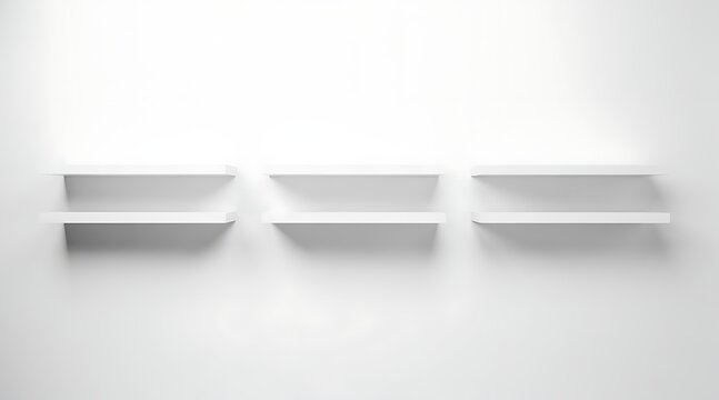 Three empty white shelves mounted on a clean white wall with soft shadows.