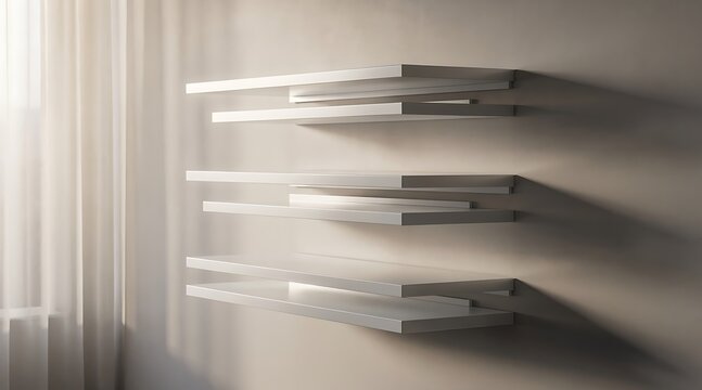 Modern Floating Shelves Mounted on a Textured Wall with Soft Natural Light.