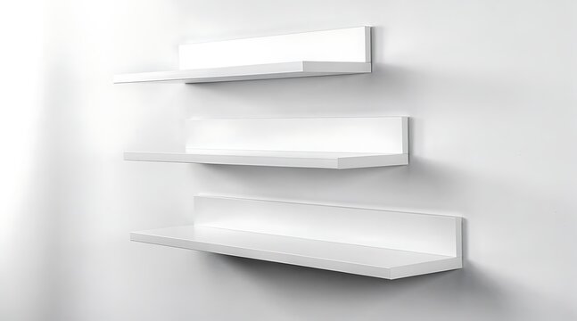 Three clean white floating shelves mounted on a white wall with soft shadows.