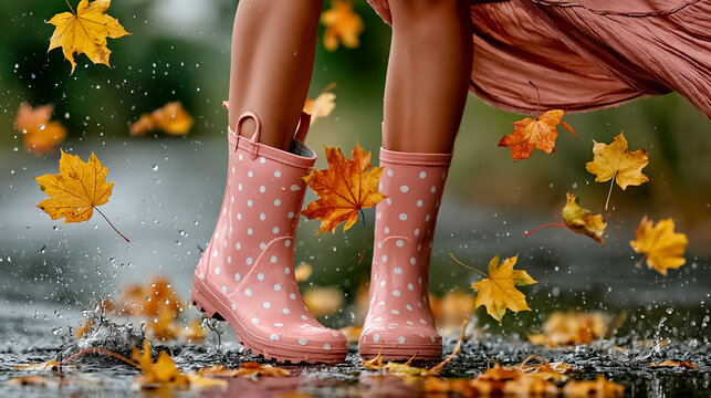 Close-up of women's legs in polka dot rubber boots, autumn leaves