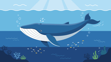 An illustration of a blue whale swims through ocean water with coral reef. © rian