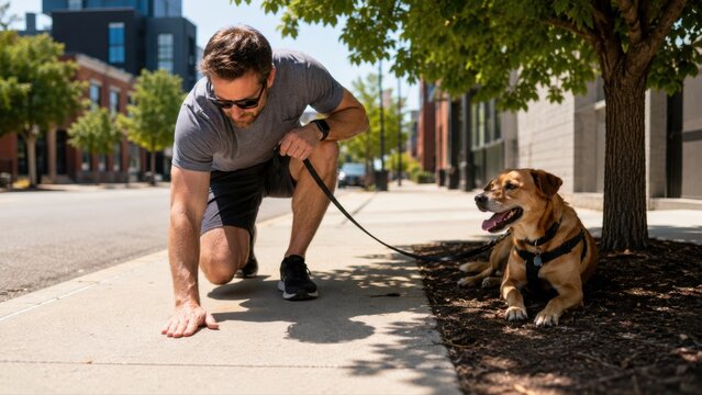 Realistic hot weather scene with a leashed dog waiting in the shade while the owner tests the ground, expressing prevention, caution and practical summer pet safety.