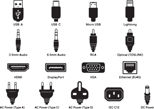 Set of various electronic cable connectors and power plugs icons Vector