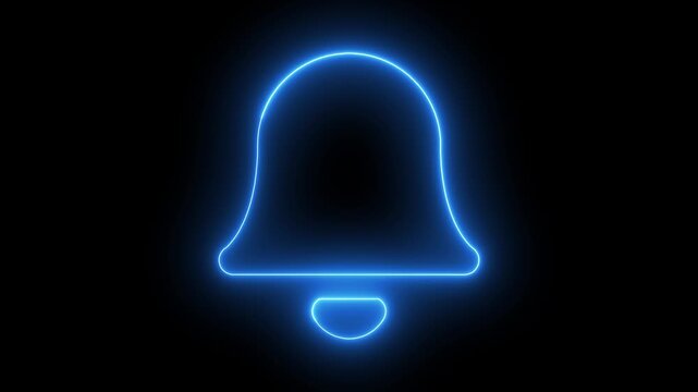 Glowing blue neon notification bell. Digital alert icon for web interface.