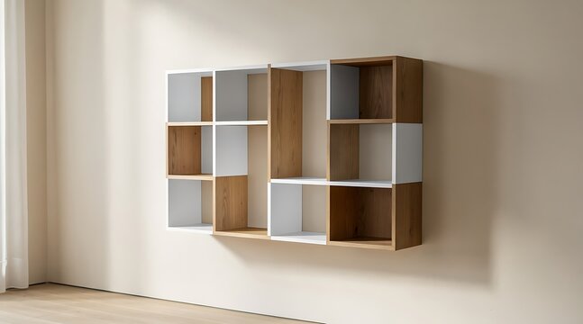 Modern Modular Wall Shelf Unit with Geometric Design and Wood Accents.