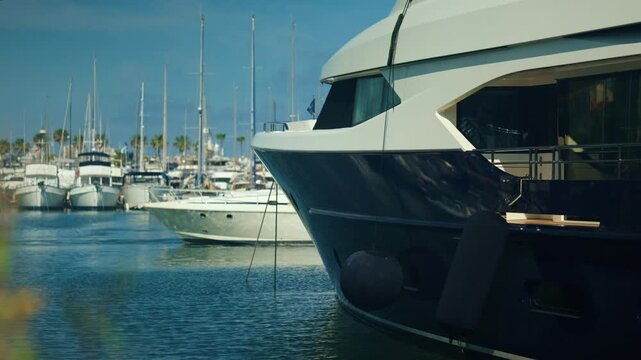 Large motor yacht docked in a marina, reflecting wealth and leisure, with other boats and palm trees in background