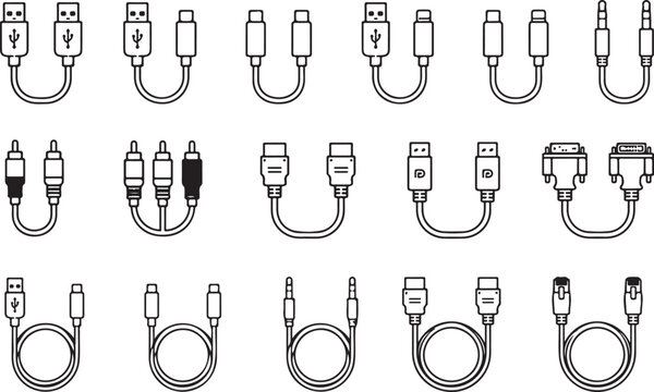 Set of various computer cable and electronic connector icons in black line art Vector