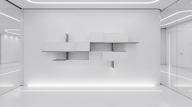 Modern minimalist interior design with clean lines and futuristic lighting.