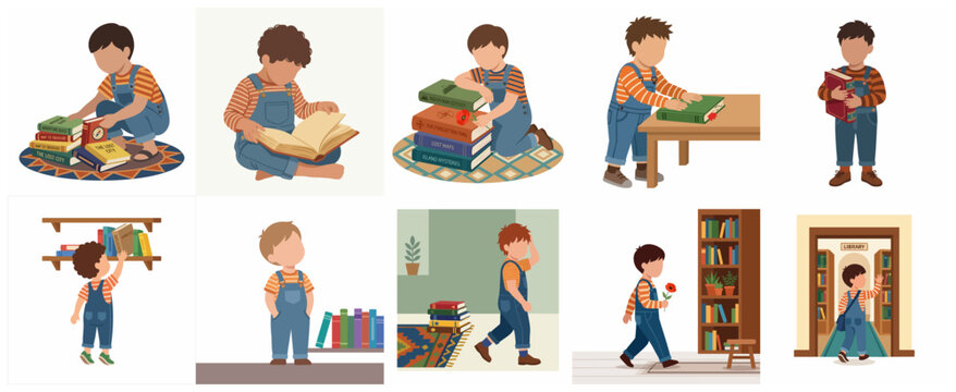 Set of illustrations depicting a little boy reading and playing with books in various poses, childhood education and literacy concept.
