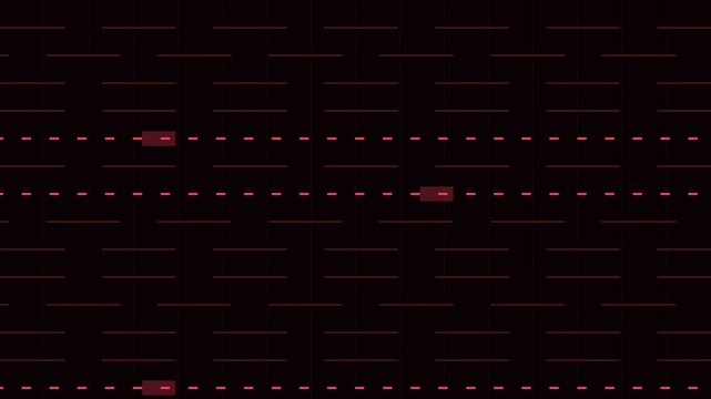 Minimalist graphic design featuring dashed lines and geometric red shapes