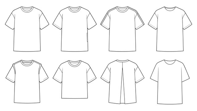 streetwear t shirt flat sketch with back pleat and shoulder stripe technical cad drawing vector template