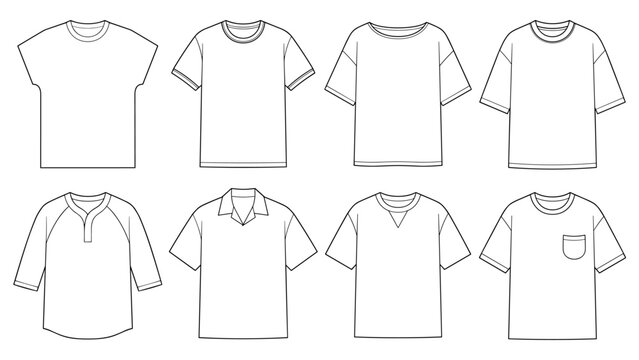 basic ringer and raglan t shirt flat sketch collection with 3 4 sleeve technical drawing vector template