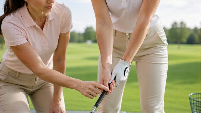 Female coach helps beginner golfer learn proper grip, showing hands-on guidance, technique correction and supportive golf instruction in clean close-up.