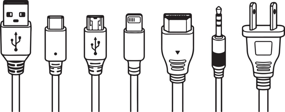 Set of various electronic cable connectors and power plug line art icons Vector