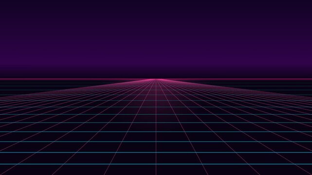 A glowing synthwave digital grid fading into a dark purple horizon line