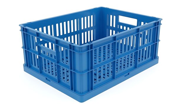 Empty blue plastic storage crate for organization and transport. Durable industrial container ideal for moving, shipping, and home storage solutions.