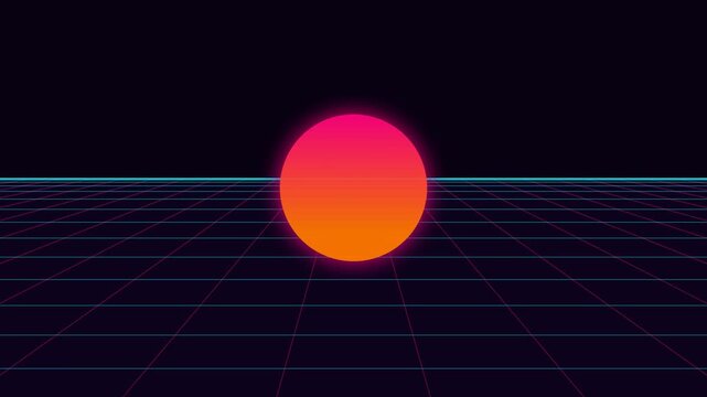 A vibrant glowing sunset over a retro synthwave style digital grid landscape