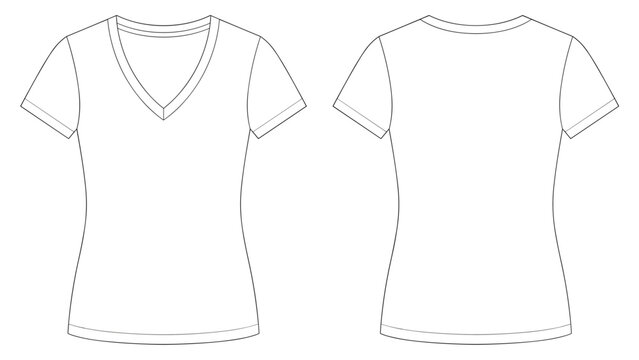 Women's Classic V-neck Short Sleeve T-shirt, Basic Fashion Top Front and Back View. Fashion Illustration, Vector, CAD, Technical Drawing, Flat Drawing.