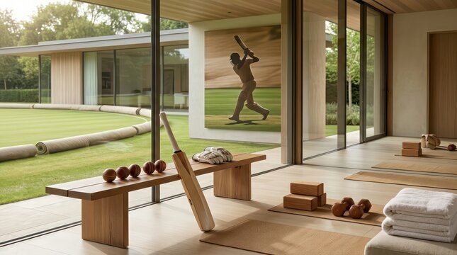 Man playing cricket in modern house.