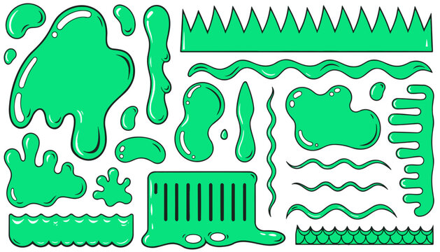 Green slime vector set. Liquid goo blobs and dripping toxic ooze elements for creative design assets.