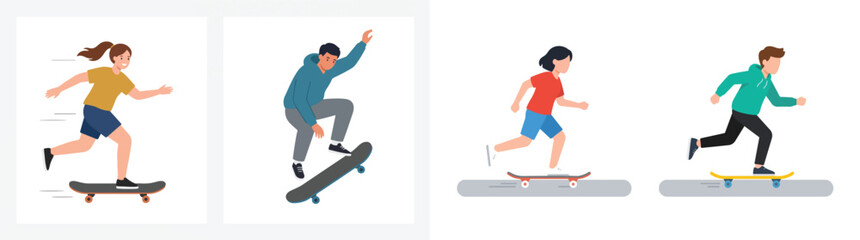 Fototapeta premium Set of diverse young people riding skateboards performing tricks and active lifestyle flat vector illustrations