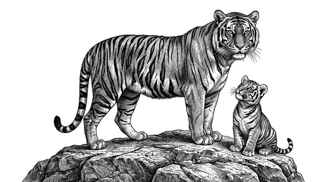 Tigress and Cub Standing on Rock