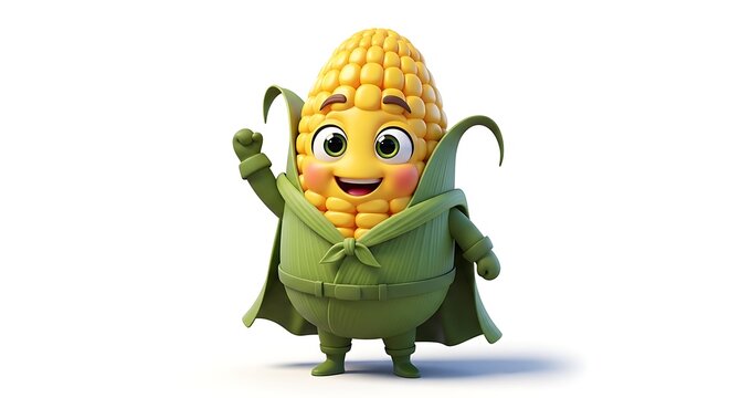 Cartoon corn character with arms raised in celebration. Animated vegetable mascot promoting healthy food and joyful lifestyle.