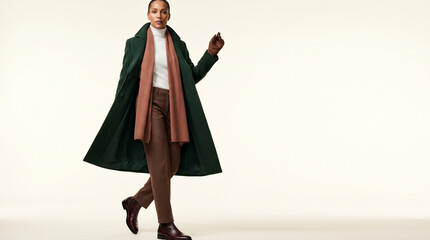 Fototapeta premium Young woman walking in a green coat and brown pants with a scarf 