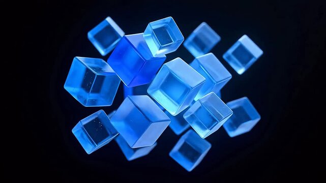Translucent blue cubes floating in black