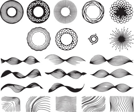 Set of abstract black line art circles and wavy patterns on white background Vector