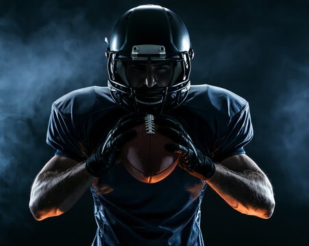 Football player holding ball in dramatic light