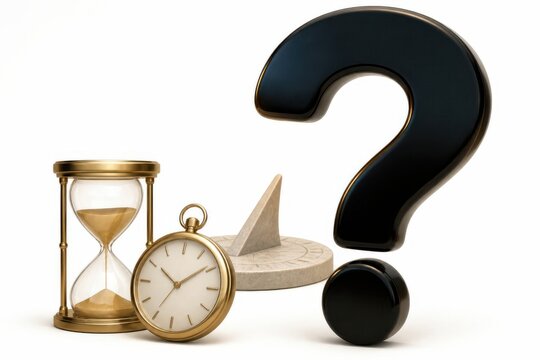 Time management concept with hourglass clock sundial and question mark 3D rendering