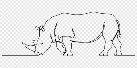 Rhinoceros standing along continuous line on white background, none editable strokes, Single-line art of a rhinoceros, outlined in black, standing, Minimalist one line illustration of a rhinoceros © Line pro
