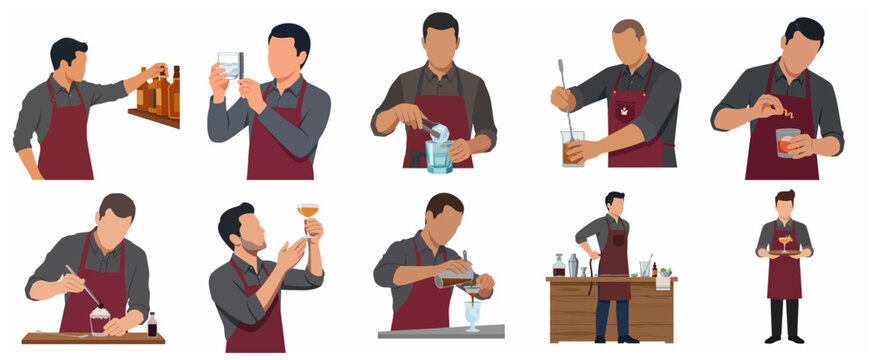 Set of professional bartender characters mixing cocktails and serving drinks in flat vector illustration style