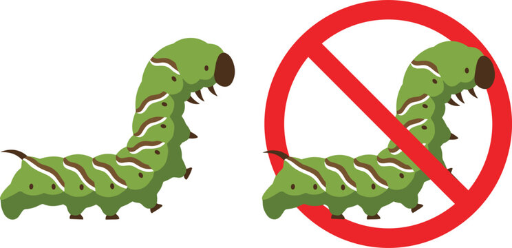 Green Caterpillar Hornworm Pest Control Vector Set Featuring Larva Character Next to Red Prohibited Warning Sign for Agriculture and Gardening Designs