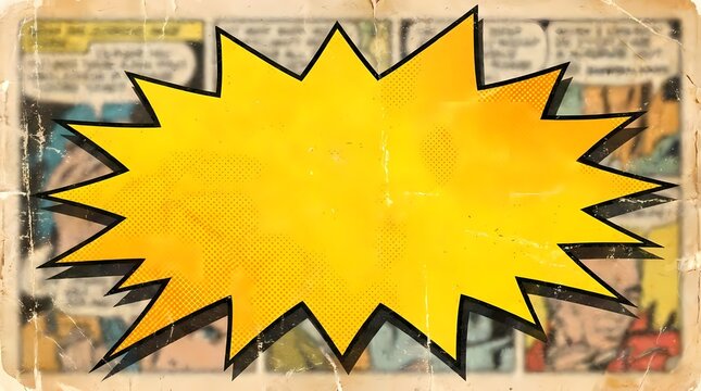 Yellow retro comic book speech bubble on halftone background.