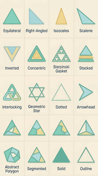 Flat Design Vector Grid of Diverse Triangle Symbols Labeled Below, Including Equilateral, Sierpinski Gasket, and Abstract Polygon, with Teal, Yellow, and Blue Color Palette on Cream Background