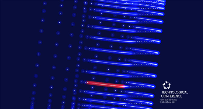 A technology conference event. A multitude of dots create a blocky form and glow. Curved lines pulsate in motion. A red thread of energy. Industrial style for digital projects. Grid. 3D vector.