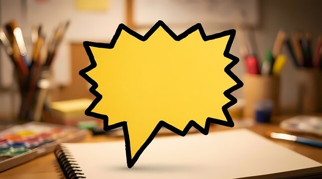 Yellow speech bubble cutout on artist desk.