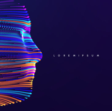 Dots form a human face or mask. The process of modeling, recognition, or scanning. Digital design of a futuristic identity. Technological concept. Vector for a brochure, poster, cover, presentation.