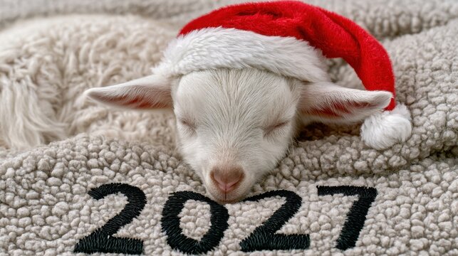 Cute newborn baby goat wearing festive red and white Christmas hat sleeping peacefully on cozy knitted blanket with embroidered 2027 date in close-up