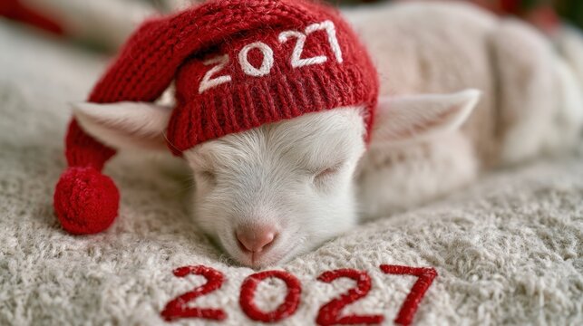 Cute newborn baby goat sleeping peacefully wearing a red knitted hat with year 2021, cozy soft white fur texture, resting on knitted blanket with 2021 numbers