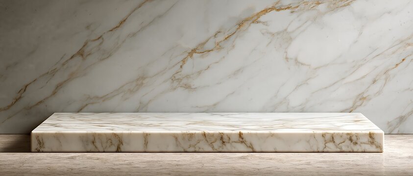 Elegant white marble slab podium with golden veining against a matching marble wall perfect for luxury product launches, beauty campaigns, and high end brand mockups.