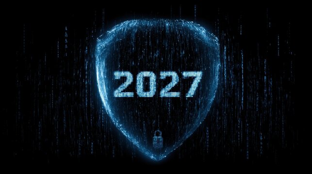 Futuristic digital shield glowing with blue holographic matrix and code rain effect surrounding the year 2027 for advanced cyber protection and data security concept